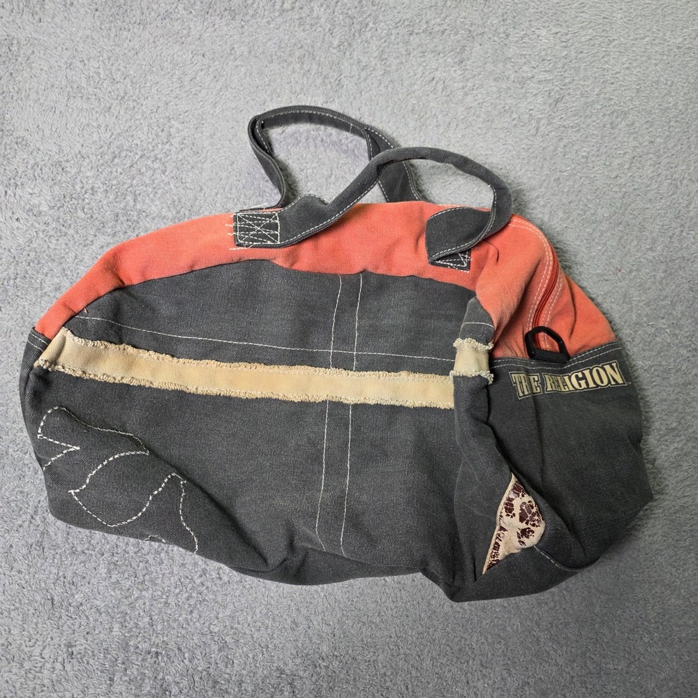 True Religion Duffle Bag Grey Orange Canvas Distressed Raw Edge Trim 18x12x8"